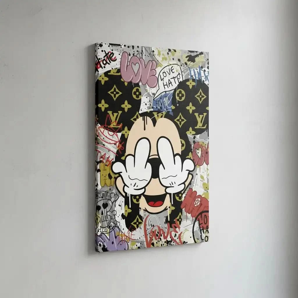 Toile Pop Art avec motifs iconiques, graffitis expressifs, couleurs vives et ambiance urbaine pour salon moderne.