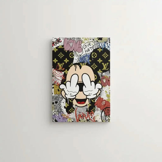 Toile Pop Art avec motifs iconiques, graffitis expressifs, couleurs vives et ambiance urbaine pour salon moderne.