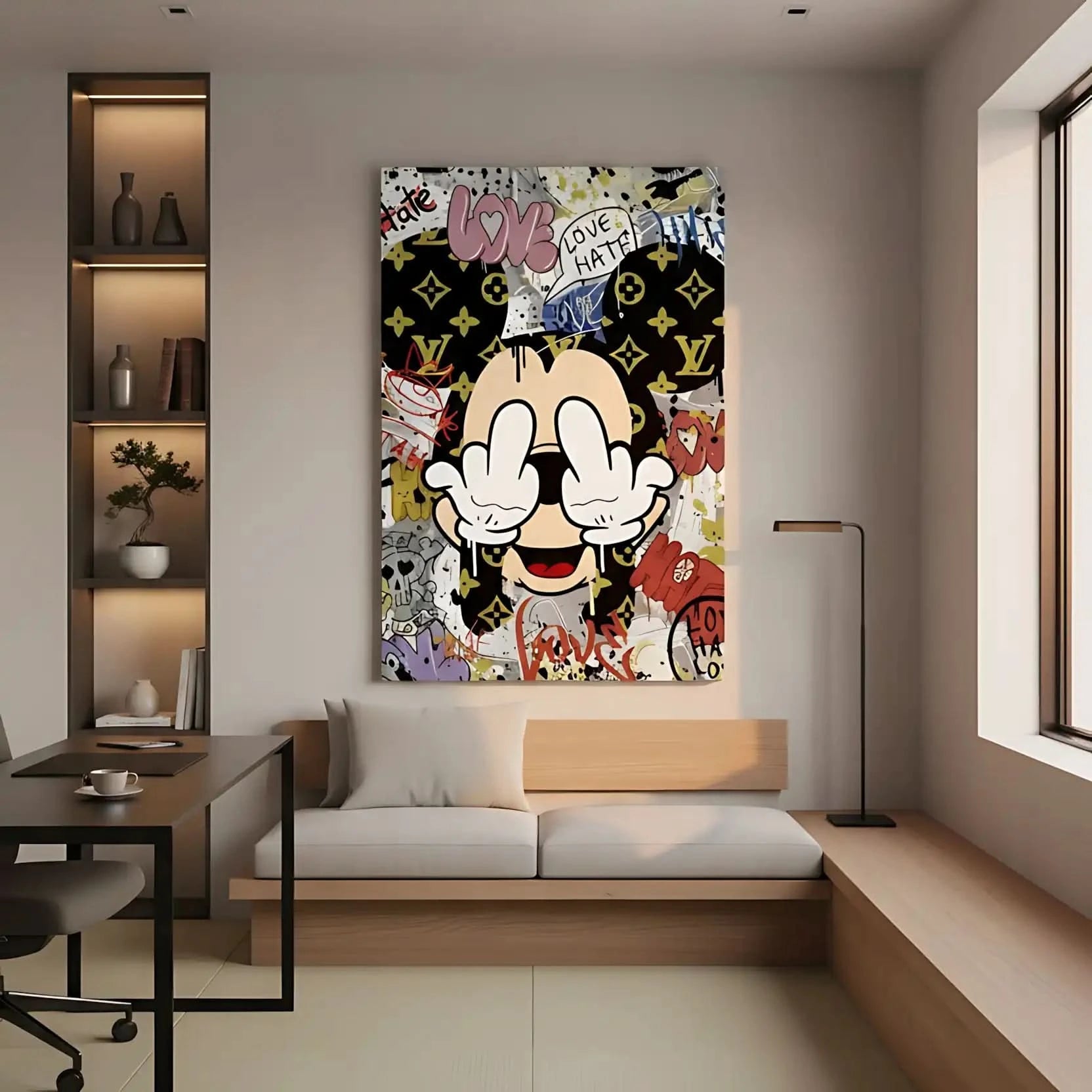 Toile Pop Art avec motifs iconiques, graffitis expressifs, couleurs vives et ambiance urbaine pour salon moderne.