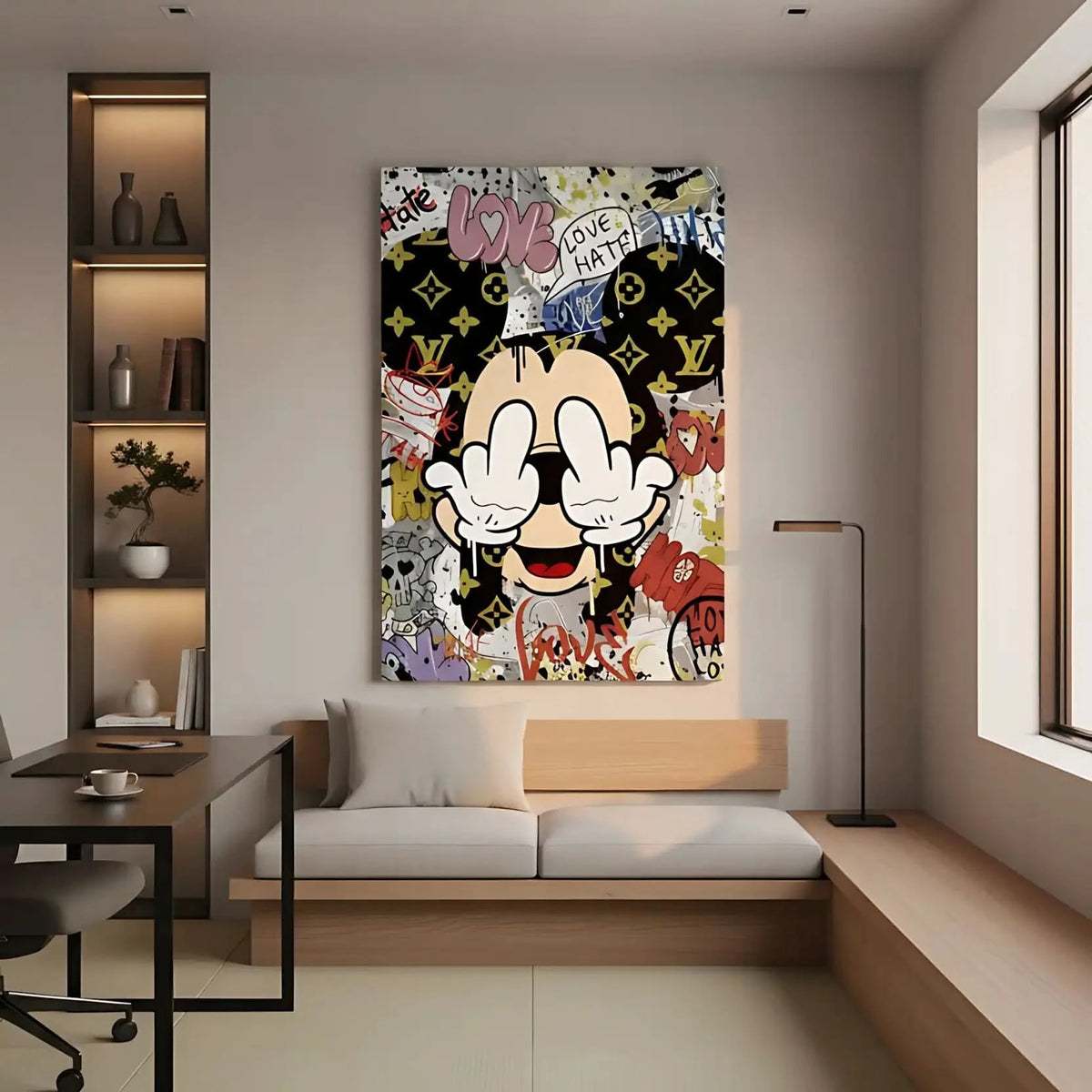 Toile Pop Art avec motifs iconiques, graffitis expressifs, couleurs vives et ambiance urbaine pour salon moderne.