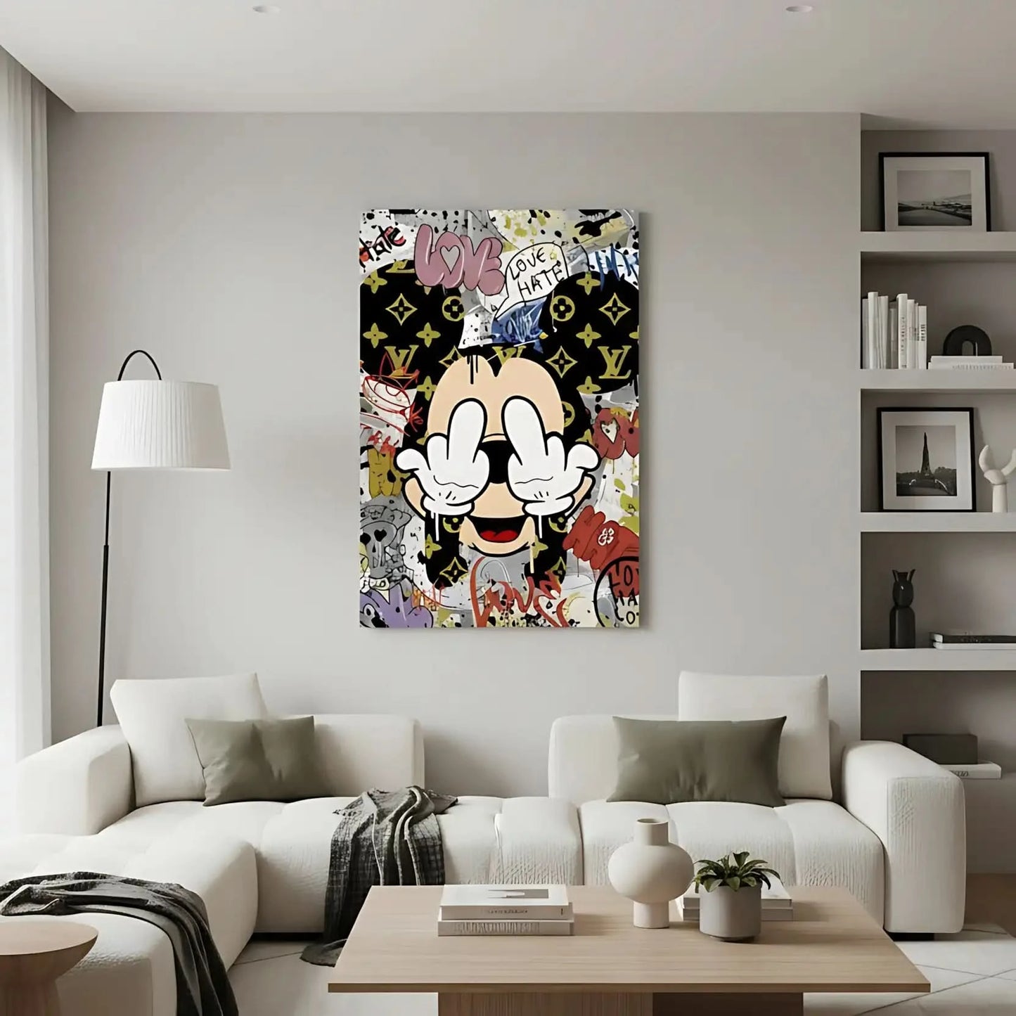 Toile Pop Art avec motifs iconiques, graffitis expressifs, couleurs vives et ambiance urbaine pour salon moderne.