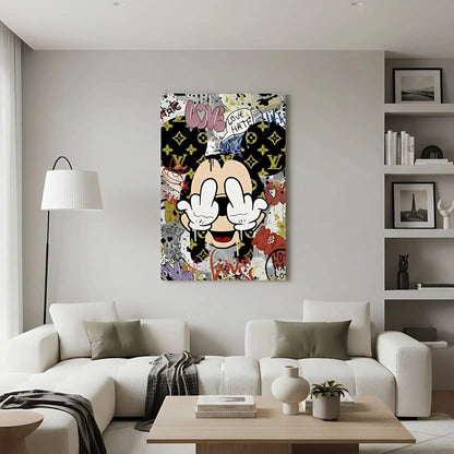 Toile Pop Art avec motifs iconiques, graffitis expressifs, couleurs vives et ambiance urbaine pour salon moderne.