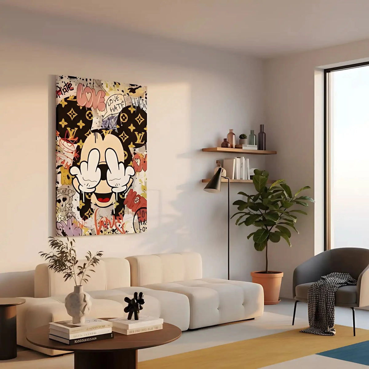 Toile Pop Art avec motifs iconiques, graffitis expressifs, couleurs vives et ambiance urbaine pour salon moderne.