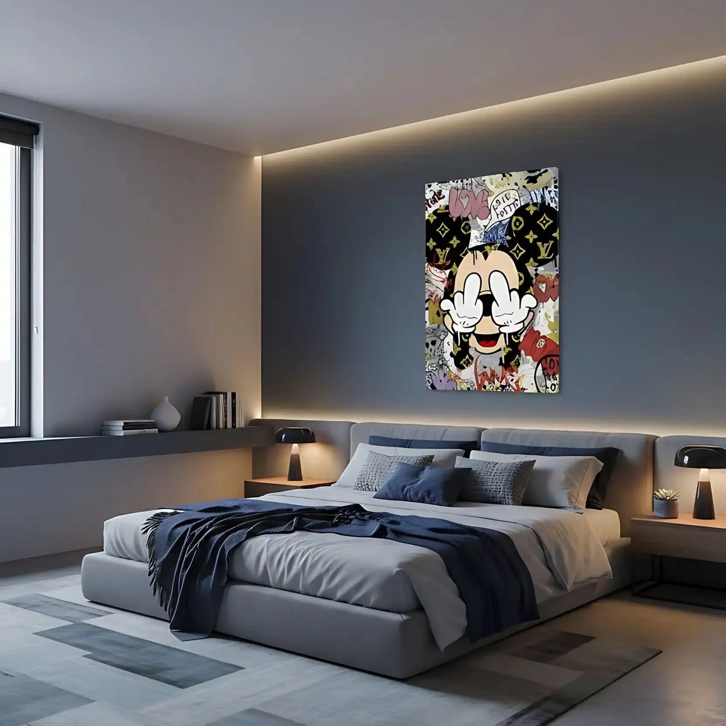 Toile Pop Art avec motifs iconiques, graffitis expressifs, couleurs vives et ambiance urbaine pour salon moderne.