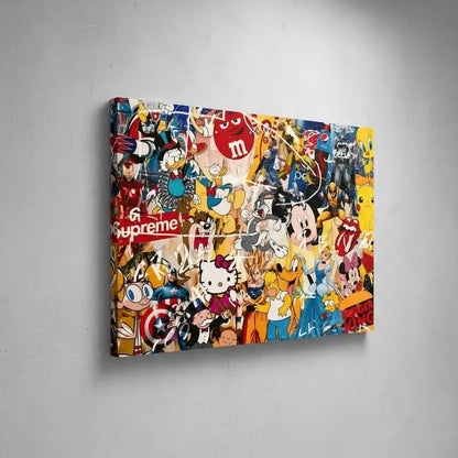 Toile pop art avec personnages iconiques, couleurs vives et énergie ludique, idéale pour salon moderne ou chambre d'adolescen