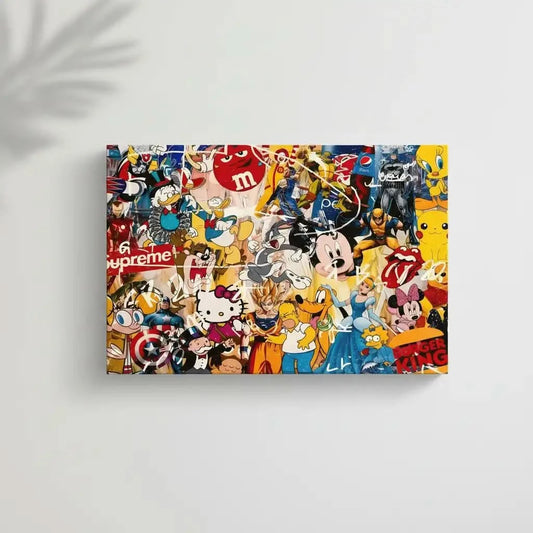 Toile pop art avec personnages iconiques, couleurs vives et énergie ludique, idéale pour salon moderne ou chambre d'adolescen