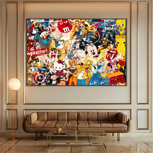 Toile pop art avec personnages iconiques, couleurs vives et énergie ludique, idéale pour salon moderne ou chambre d'adolescen