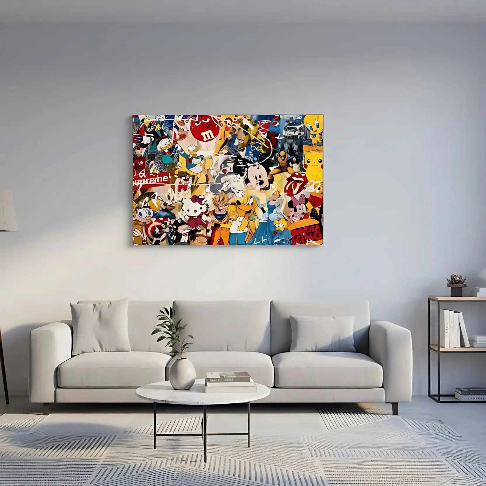 Toile pop art avec personnages iconiques, couleurs vives et énergie ludique, idéale pour salon moderne ou chambre d'adolescen