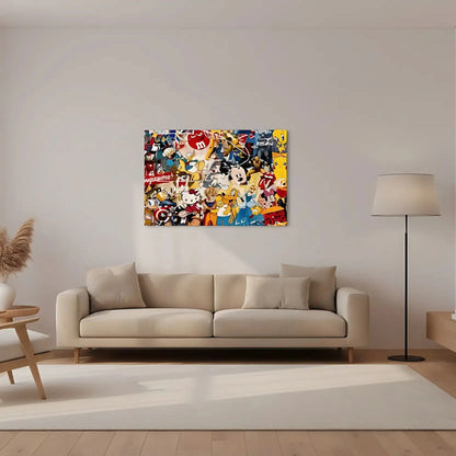 Toile pop art avec personnages iconiques, couleurs vives et énergie ludique, idéale pour salon moderne ou chambre d'adolescen