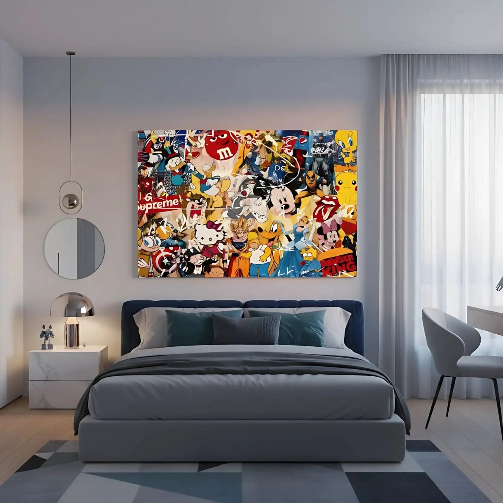 Toile pop art avec personnages iconiques, couleurs vives et énergie ludique, idéale pour salon moderne ou chambre d'adolescen