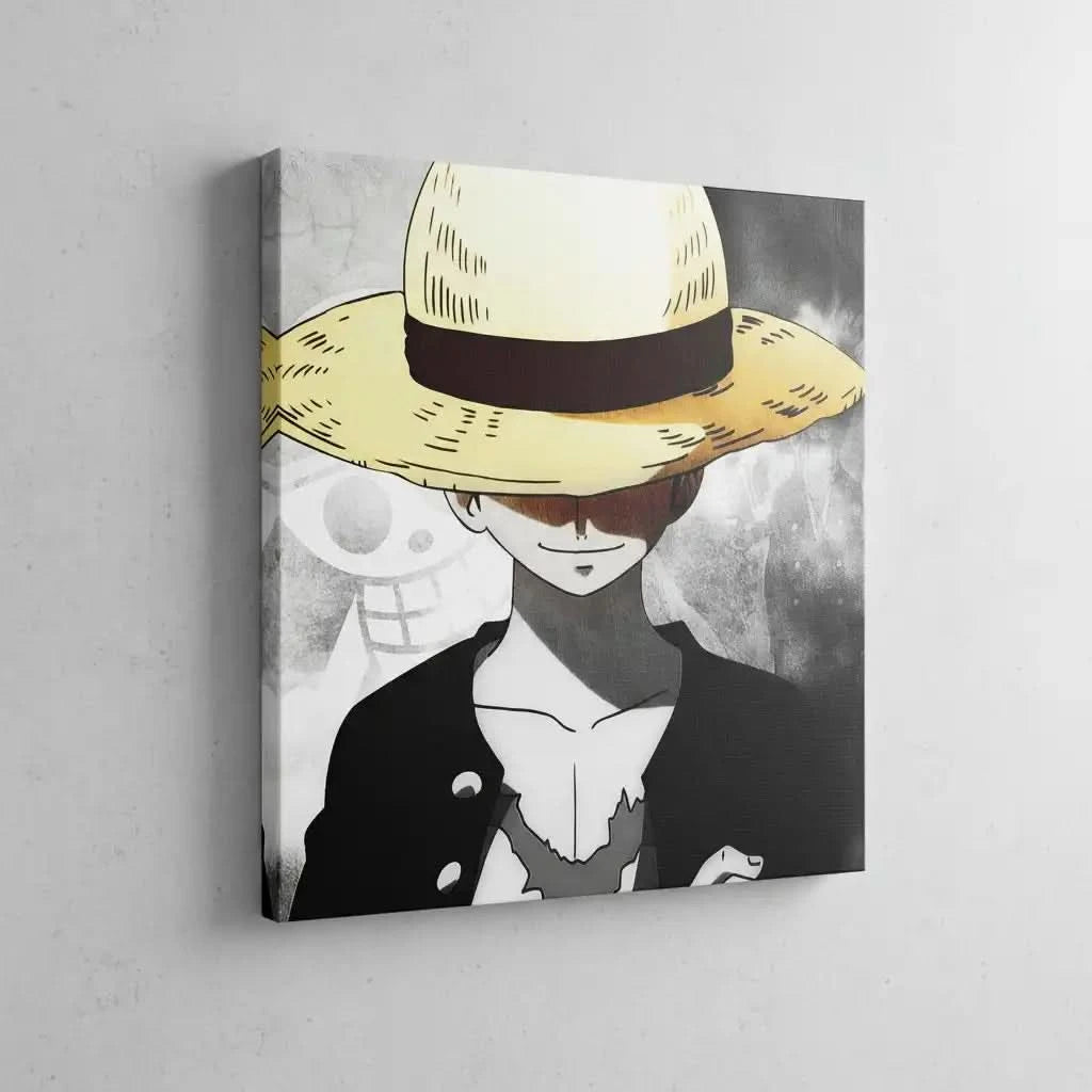 Personnage mystérieux avec chapeau de paille jaune, fond noir et blanc, ambiance intrigante pour salon moderne.