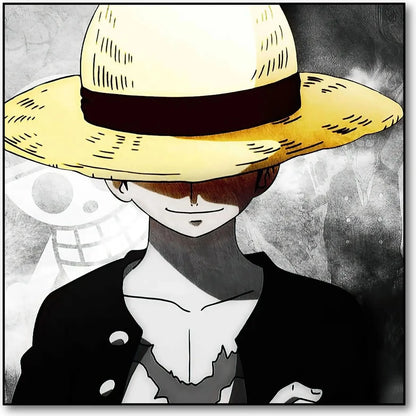 Personnage mystérieux avec chapeau de paille jaune, fond noir et blanc, ambiance intrigante pour salon moderne.