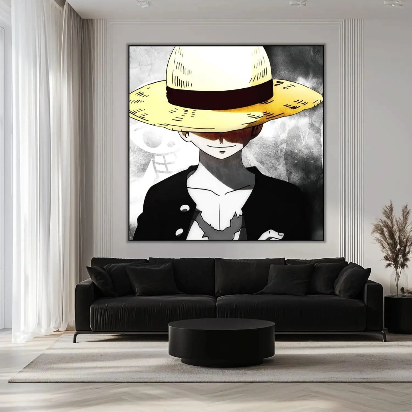 Personnage mystérieux avec chapeau de paille jaune, fond noir et blanc, ambiance intrigante pour salon moderne.