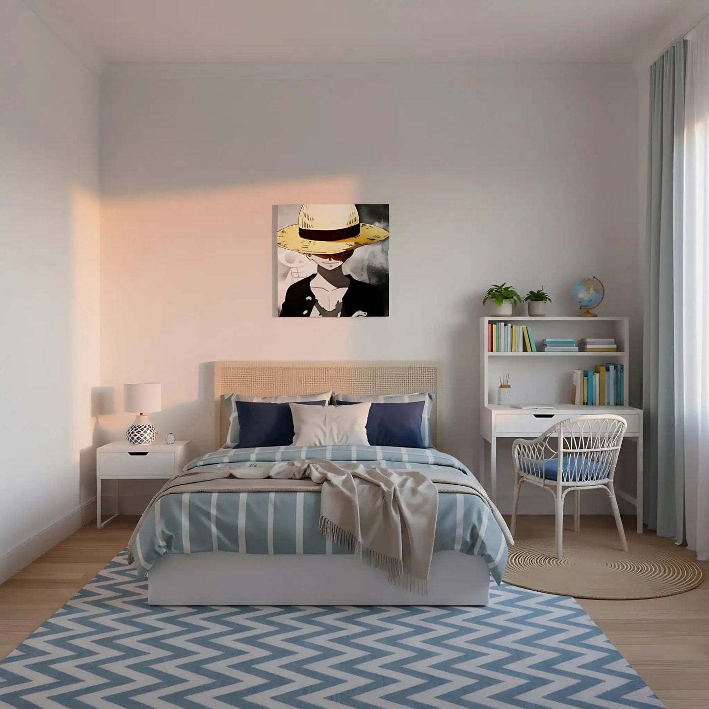 Personnage mystérieux avec chapeau de paille jaune, fond noir et blanc, ambiance intrigante pour salon moderne.