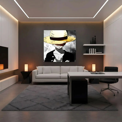 Personnage mystérieux avec chapeau de paille jaune, fond noir et blanc, ambiance intrigante pour salon moderne.