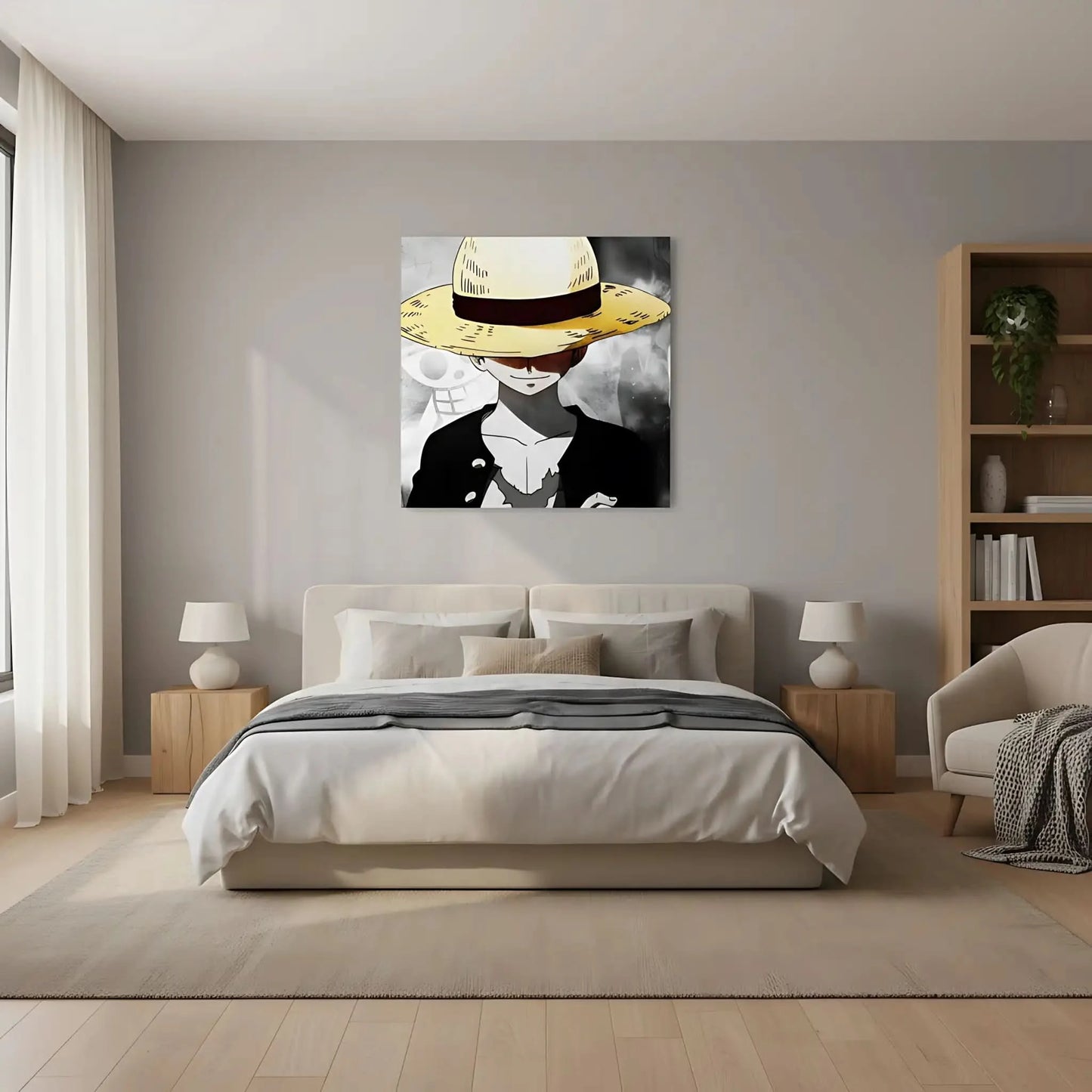 Personnage mystérieux avec chapeau de paille jaune, fond noir et blanc, ambiance intrigante pour salon moderne.