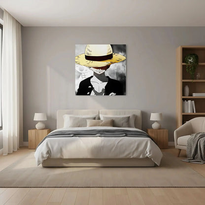 Personnage mystérieux avec chapeau de paille jaune, fond noir et blanc, ambiance intrigante pour salon moderne.