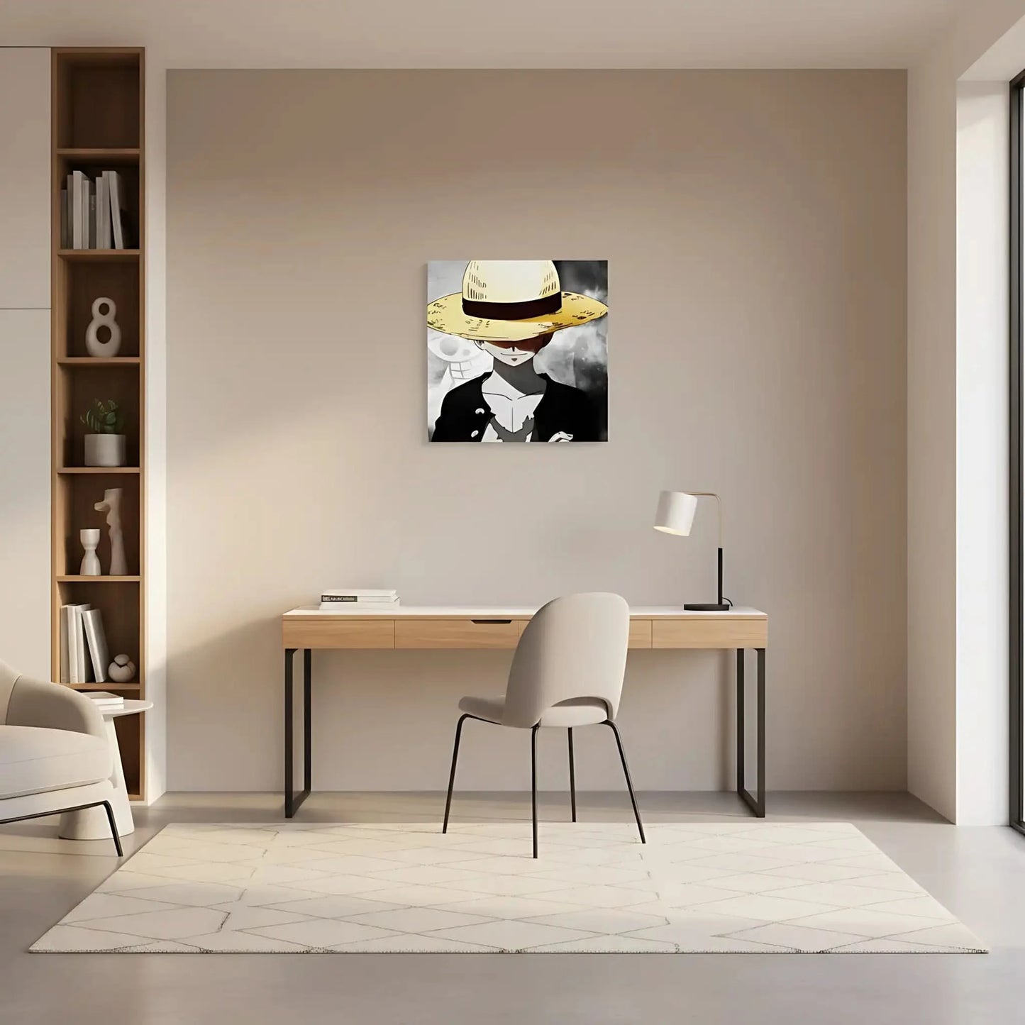 Personnage mystérieux avec chapeau de paille jaune, fond noir et blanc, ambiance intrigante pour salon moderne.