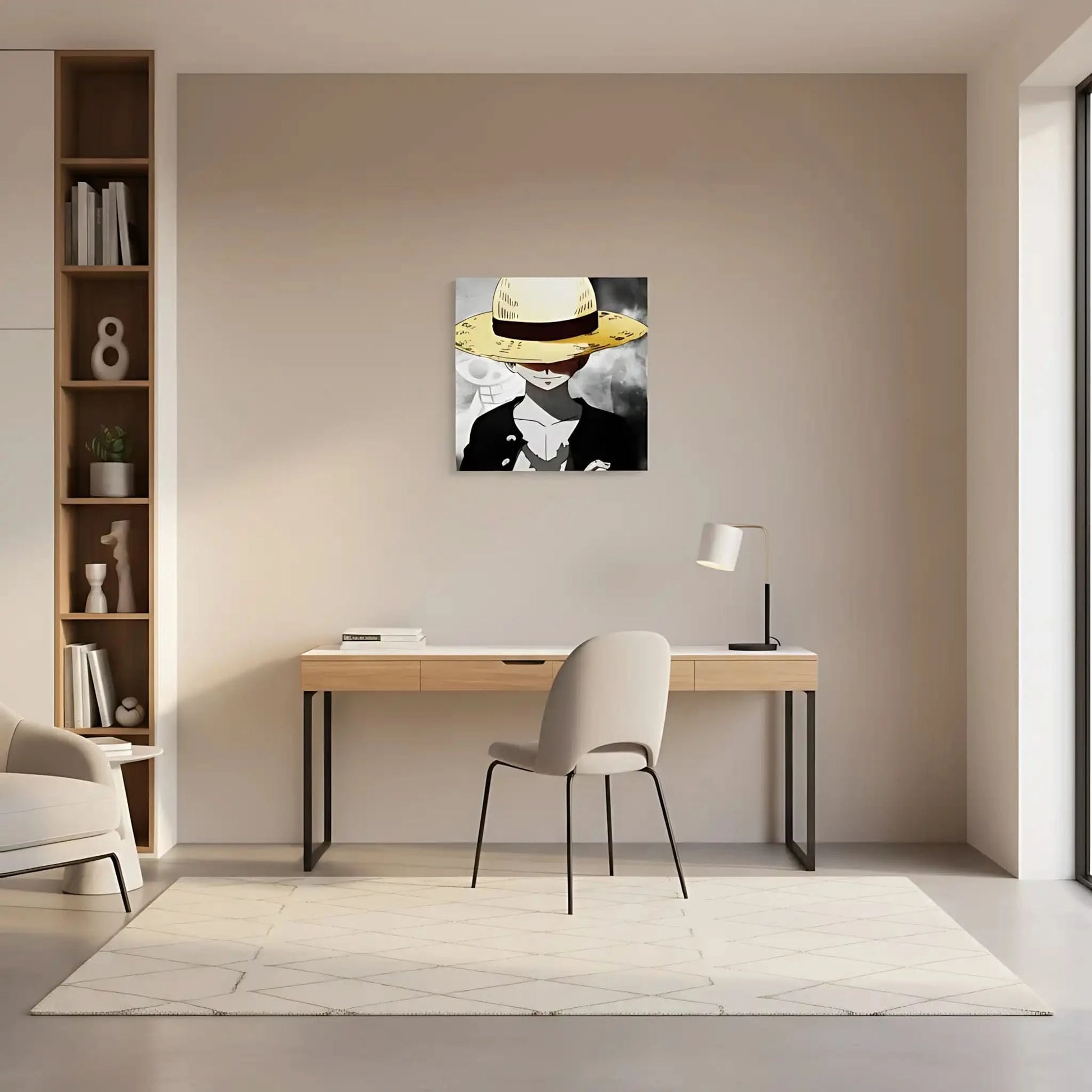 Personnage mystérieux avec chapeau de paille jaune, fond noir et blanc, ambiance intrigante pour salon moderne.
