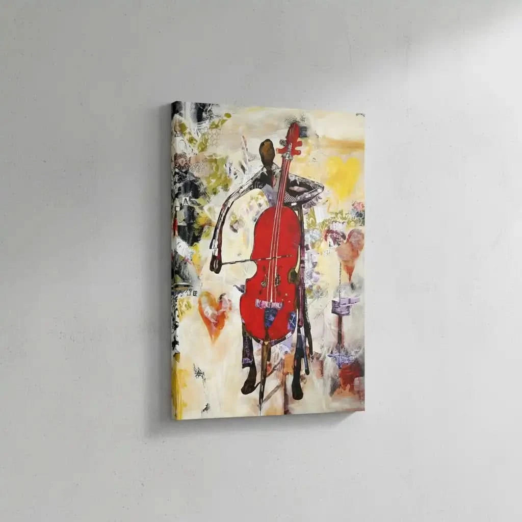 Tableau abstrait avec violoncelle rouge éclatant, nuances de jaune et beige, ambiance dynamique pour salon moderne.