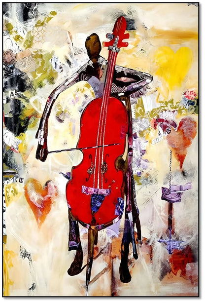 Tableau abstrait avec violoncelle rouge éclatant, nuances de jaune et beige, ambiance dynamique pour salon moderne.