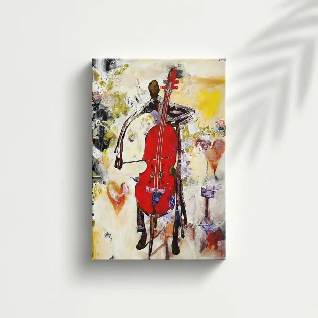Tableau abstrait avec violoncelle rouge éclatant, nuances de jaune et beige, ambiance dynamique pour salon moderne.
