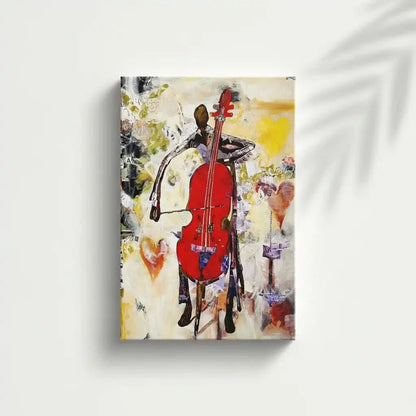 Tableau abstrait avec violoncelle rouge éclatant, nuances de jaune et beige, ambiance dynamique pour salon moderne.