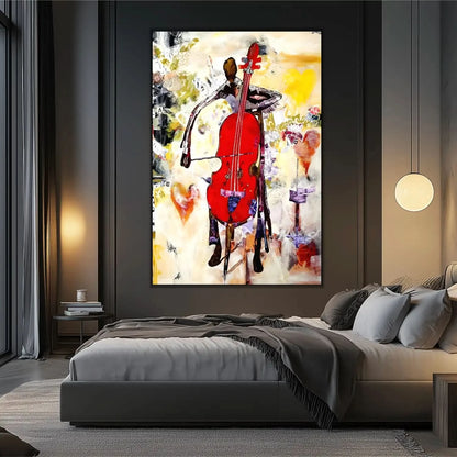 Tableau abstrait avec violoncelle rouge éclatant, nuances de jaune et beige, ambiance dynamique pour salon moderne.