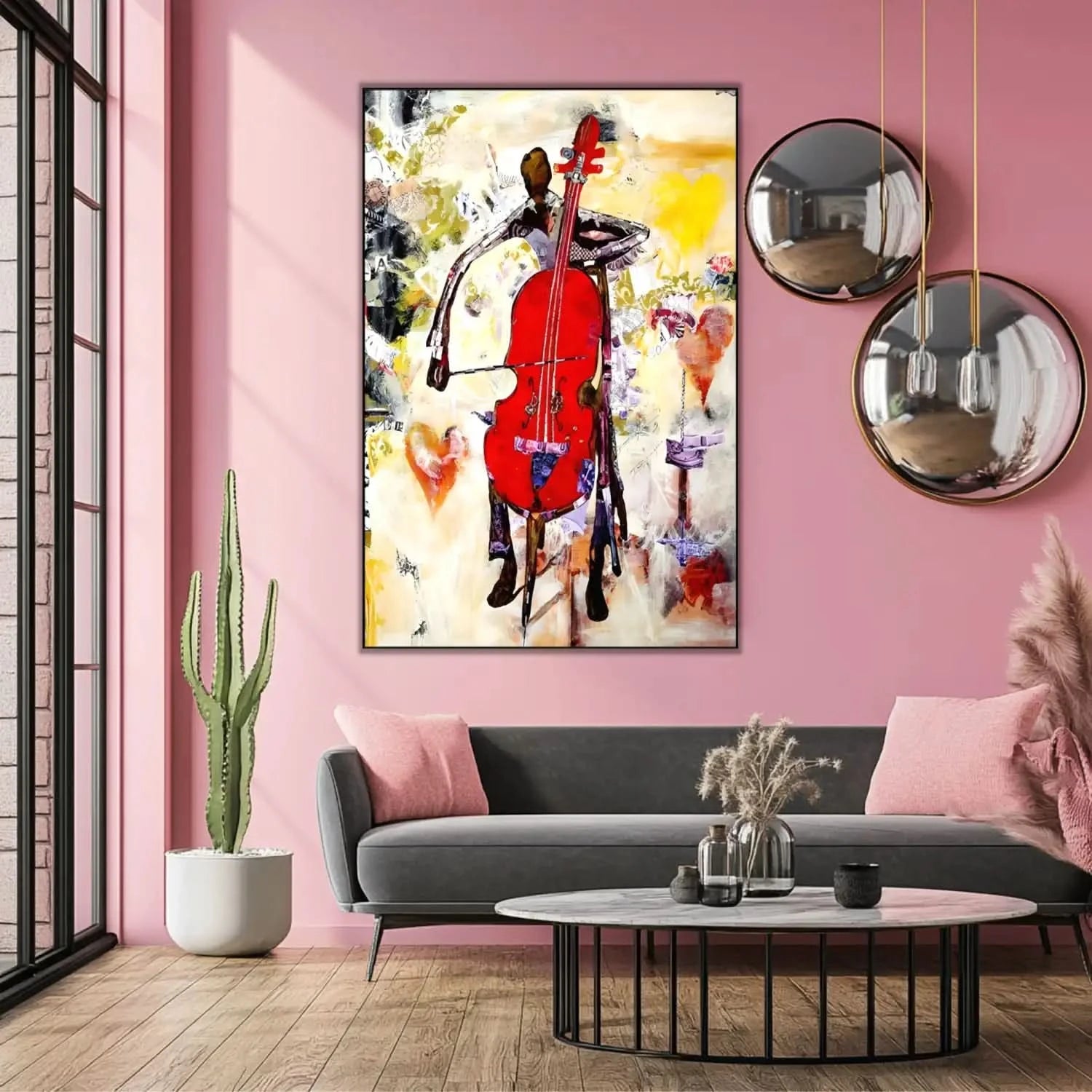 Tableau abstrait avec violoncelle rouge éclatant, nuances de jaune et beige, ambiance dynamique pour salon moderne.