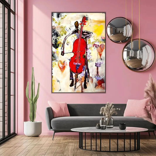 Tableau abstrait avec violoncelle rouge éclatant, nuances de jaune et beige, ambiance dynamique pour salon moderne.