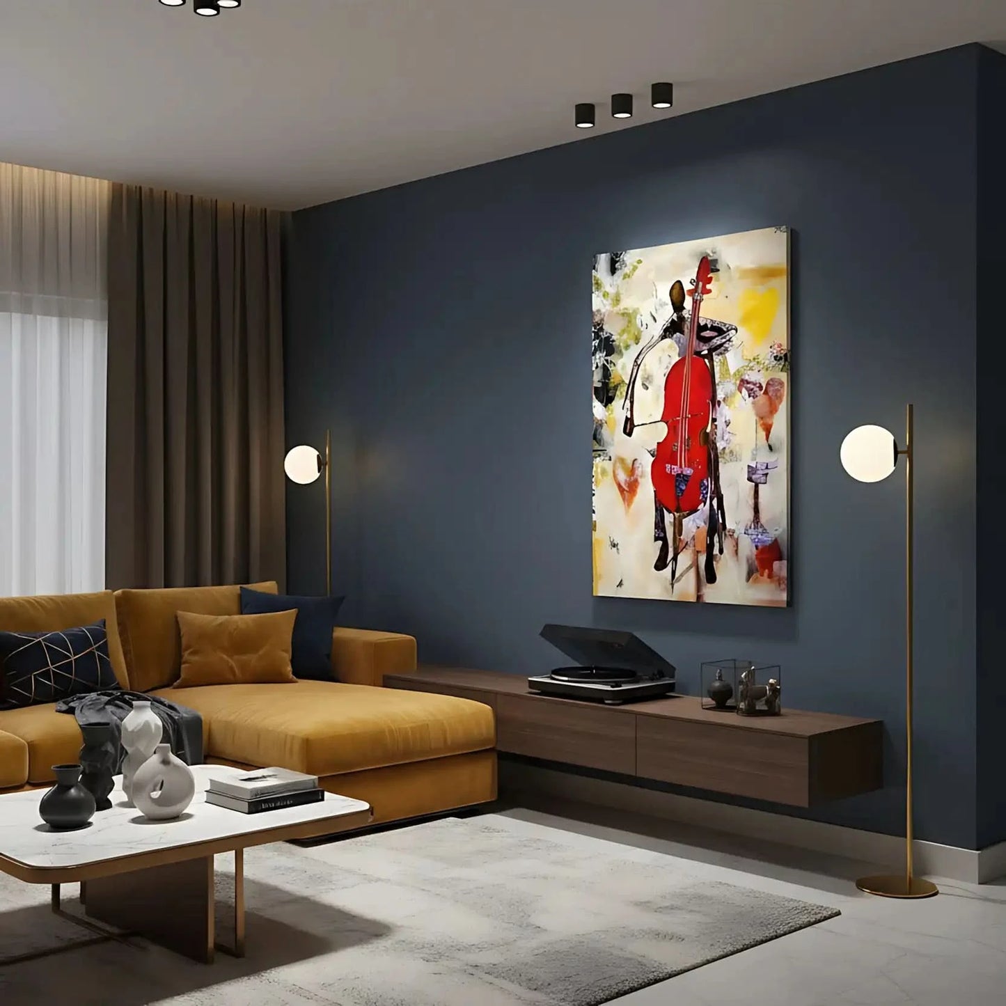 Tableau abstrait avec violoncelle rouge éclatant, nuances de jaune et beige, ambiance dynamique pour salon moderne.