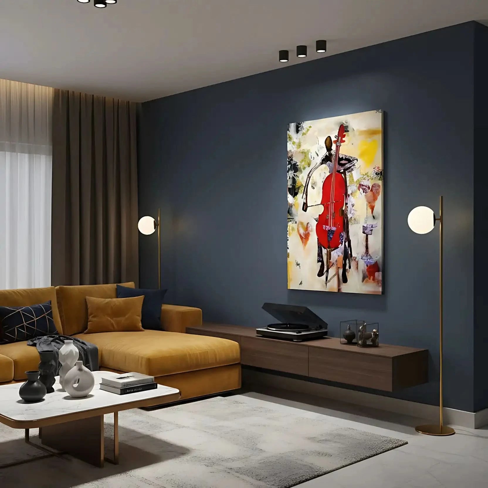 Tableau abstrait avec violoncelle rouge éclatant, nuances de jaune et beige, ambiance dynamique pour salon moderne.