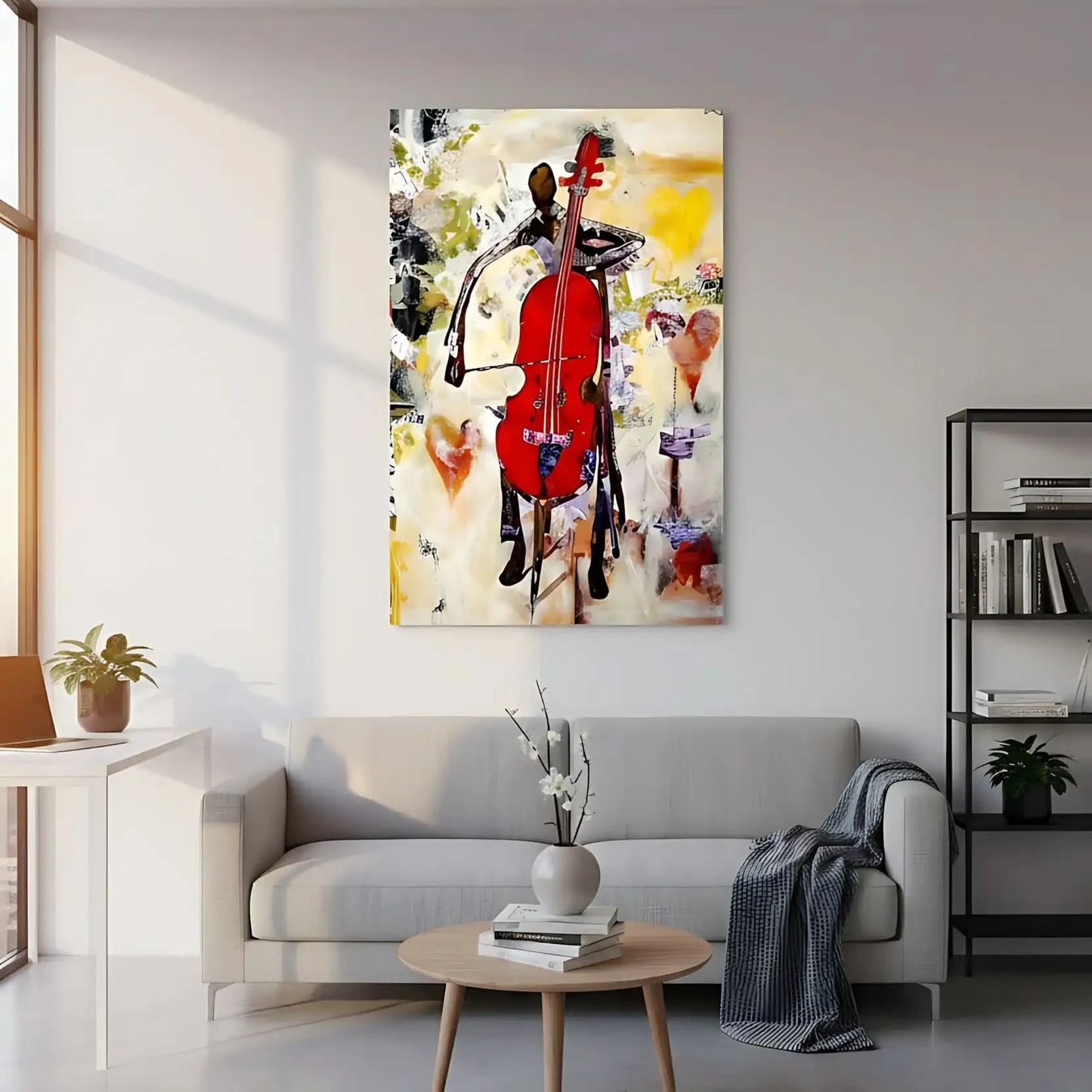 Tableau abstrait avec violoncelle rouge éclatant, nuances de jaune et beige, ambiance dynamique pour salon moderne.