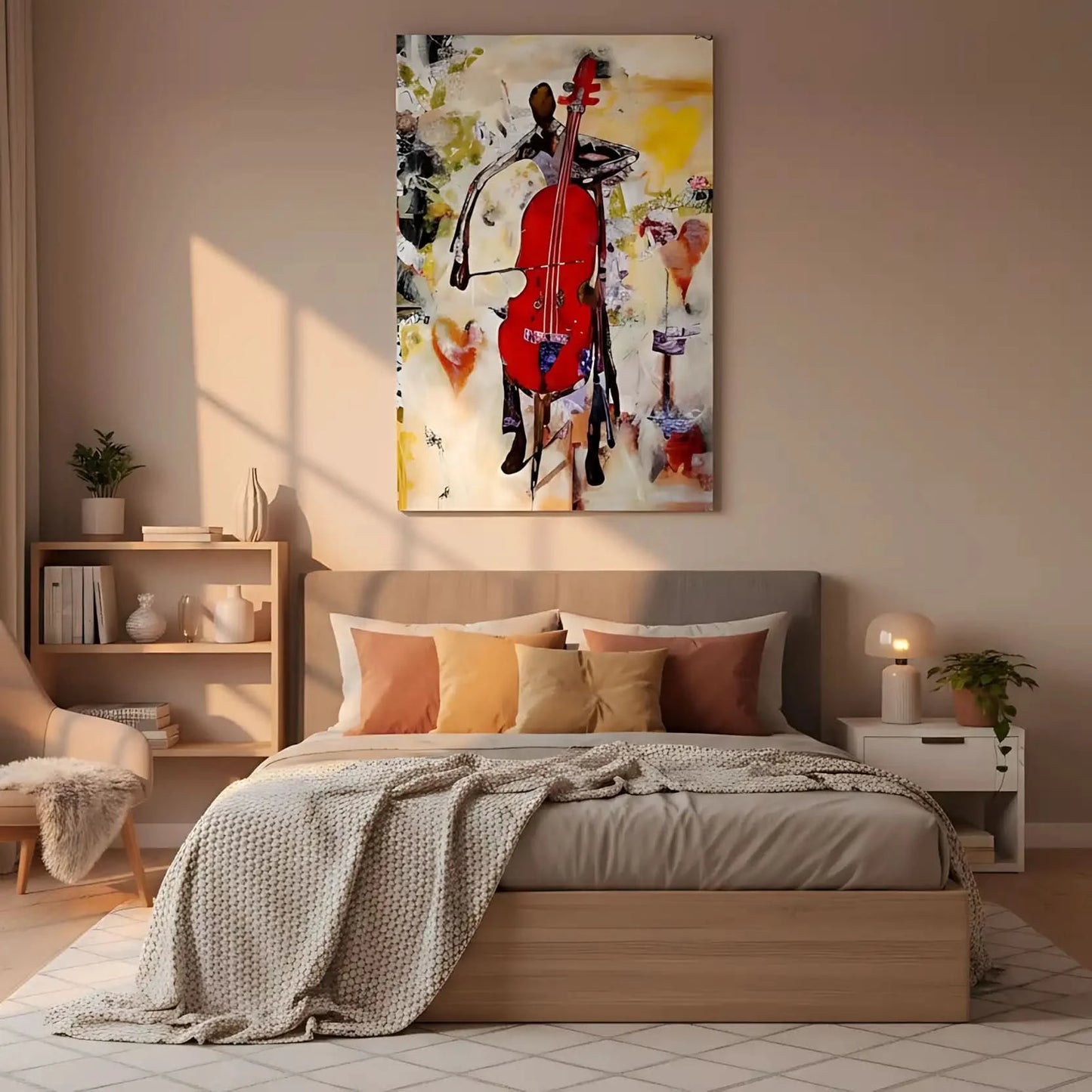 Tableau abstrait avec violoncelle rouge éclatant, nuances de jaune et beige, ambiance dynamique pour salon moderne.