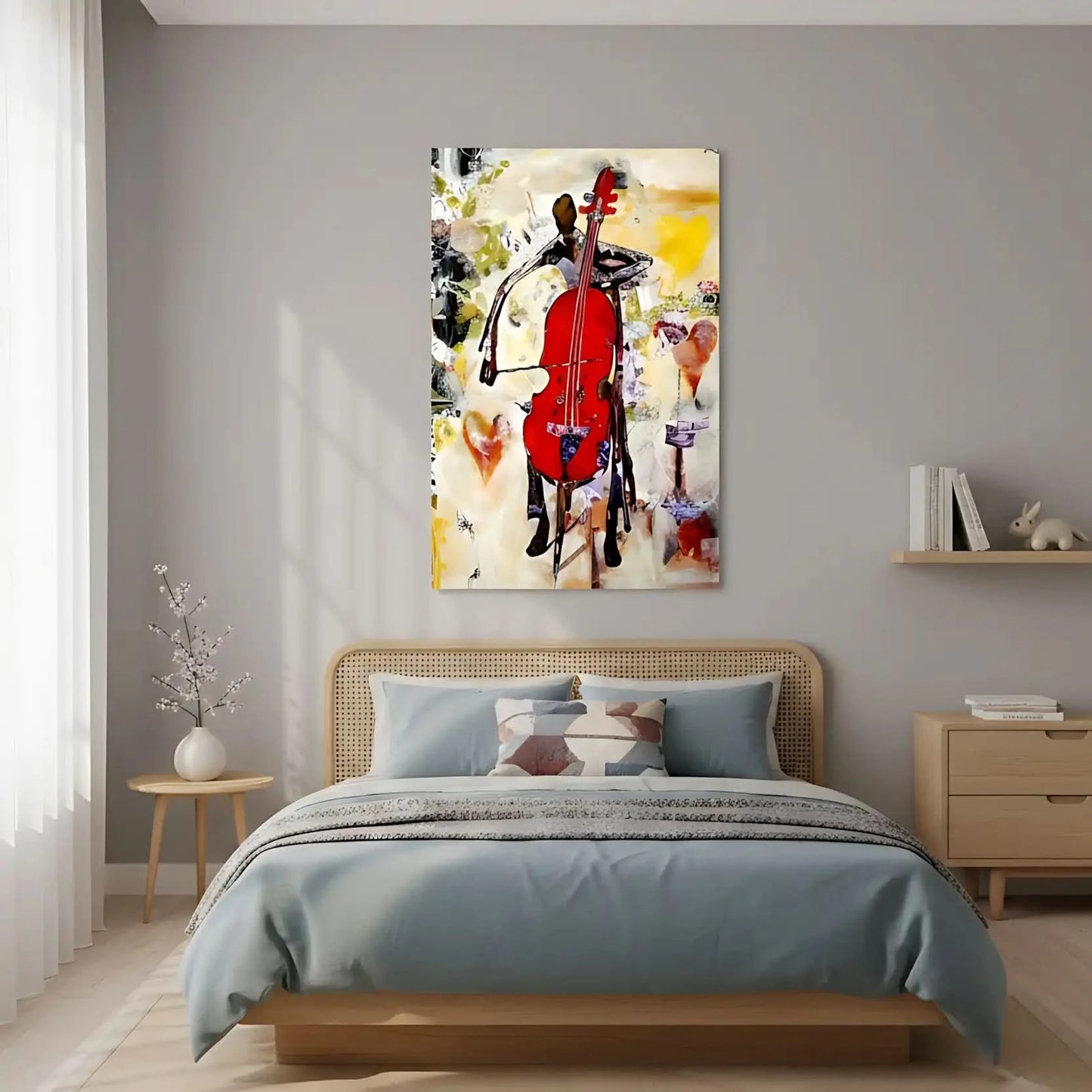 Tableau abstrait avec violoncelle rouge éclatant, nuances de jaune et beige, ambiance dynamique pour salon moderne.