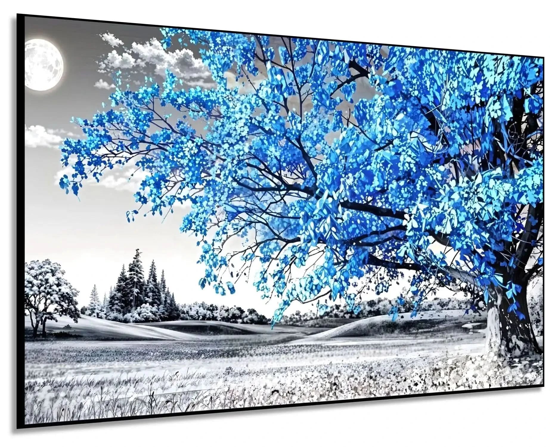 Paysage surréaliste avec arbre bleu lumineux et lune, palette noire et bleue, atmosphère mystérieuse pour chambre ou salon.