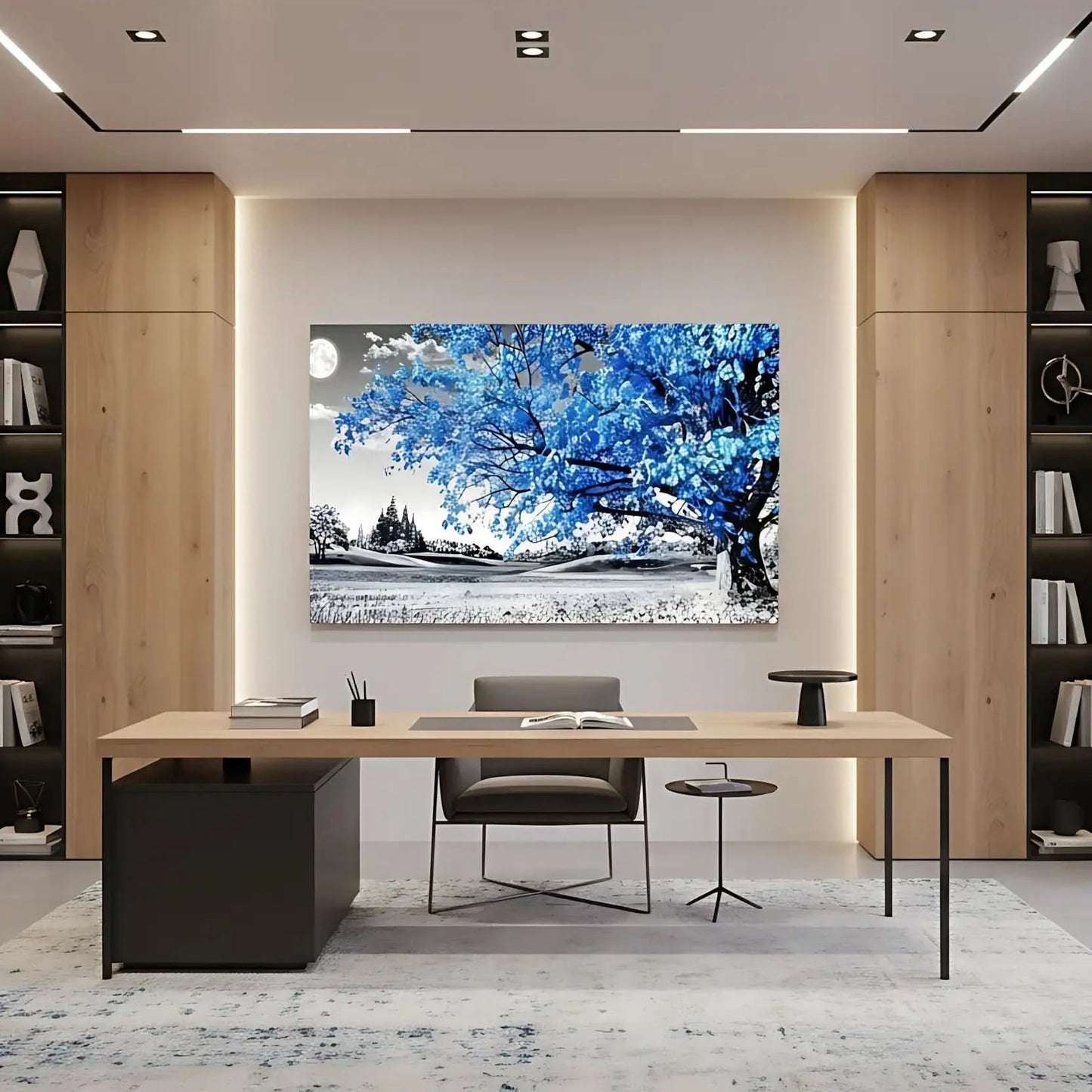 Paysage surréaliste avec arbre bleu lumineux et lune, palette noire et bleue, atmosphère mystérieuse pour chambre ou salon.