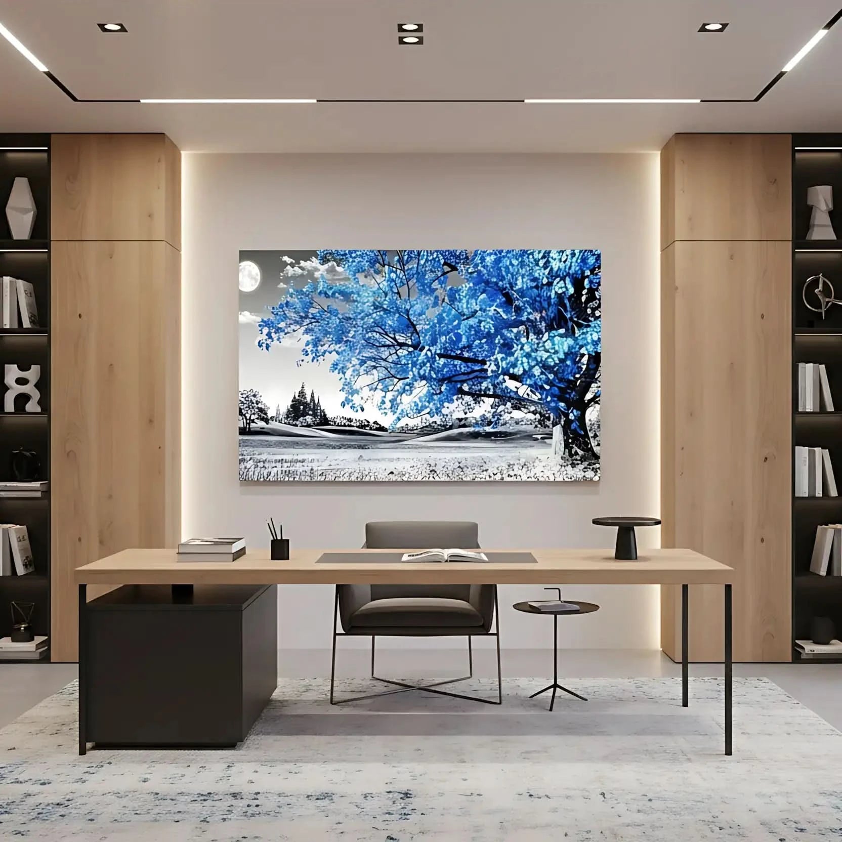 Paysage surréaliste avec arbre bleu lumineux et lune, palette noire et bleue, atmosphère mystérieuse pour chambre ou salon.