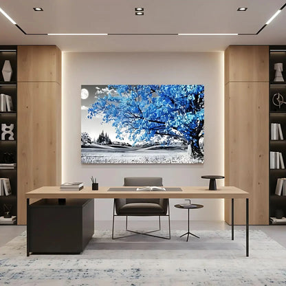Paysage surréaliste avec arbre bleu lumineux et lune, palette noire et bleue, atmosphère mystérieuse pour chambre ou salon.