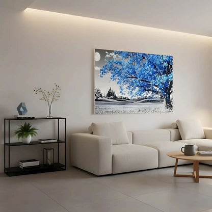 Paysage surréaliste avec arbre bleu lumineux et lune, palette noire et bleue, atmosphère mystérieuse pour chambre ou salon.