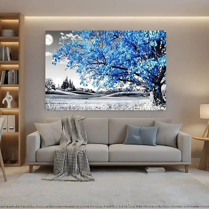 Paysage surréaliste avec arbre bleu lumineux et lune, palette noire et bleue, atmosphère mystérieuse pour chambre ou salon.
