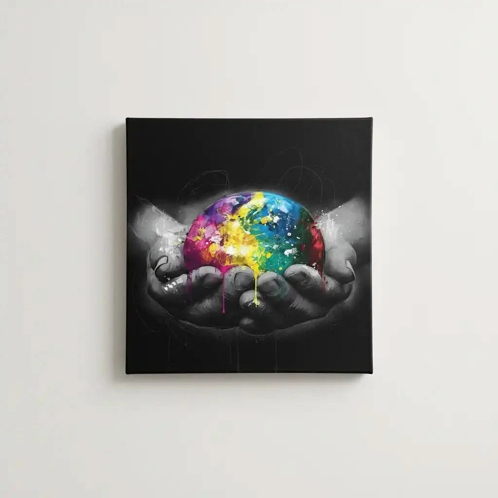 Sphère multicolore avec éclats de jaune, bleu et rose, tenue par des mains en noir et blanc, contraste vibrant et dynamique.