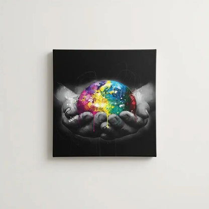 Sphère multicolore avec éclats de jaune, bleu et rose, tenue par des mains en noir et blanc, contraste vibrant et dynamique.