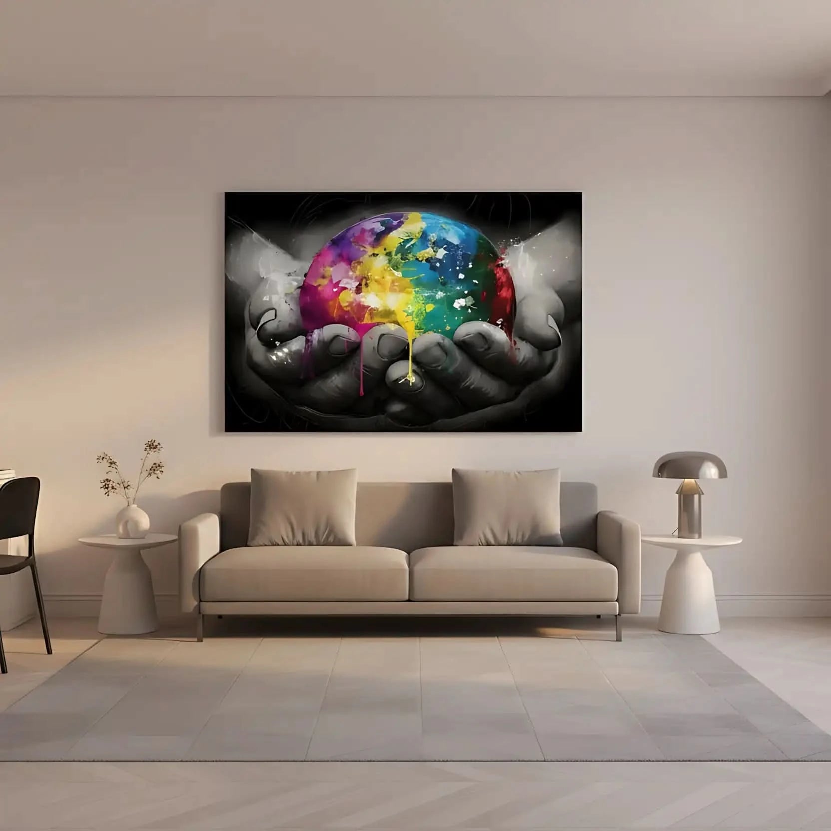 Sphère multicolore avec éclats de jaune, bleu et rose, tenue par des mains en noir et blanc, contraste vibrant et dynamique.