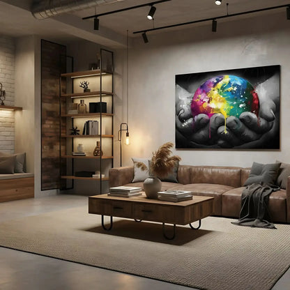 Sphère multicolore avec éclats de jaune, bleu et rose, tenue par des mains en noir et blanc, contraste vibrant et dynamique.