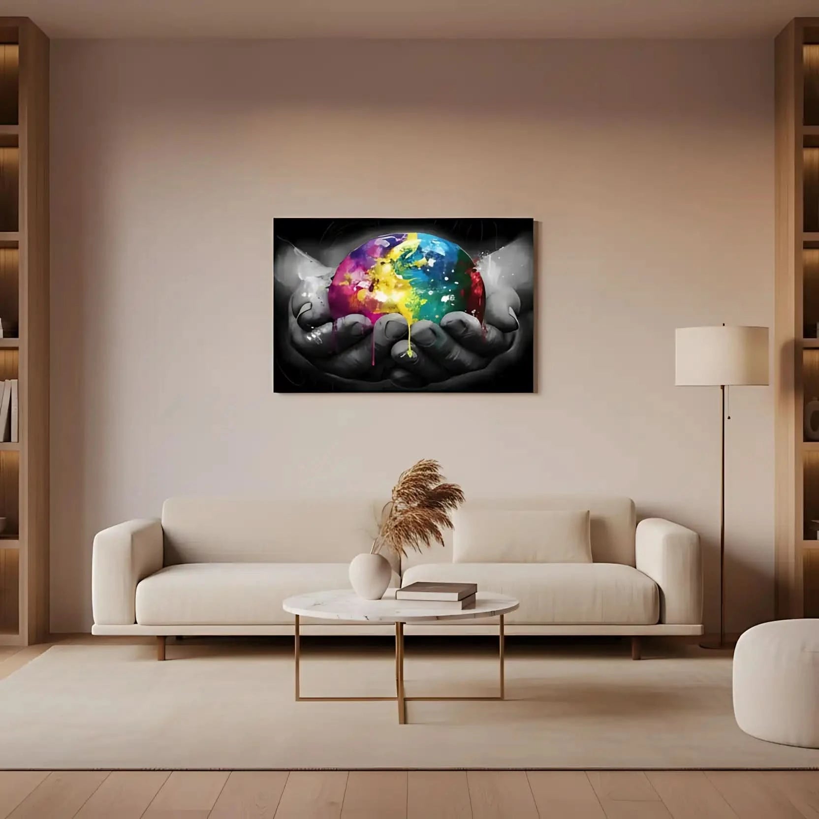 Sphère multicolore avec éclats de jaune, bleu et rose, tenue par des mains en noir et blanc, contraste vibrant et dynamique.