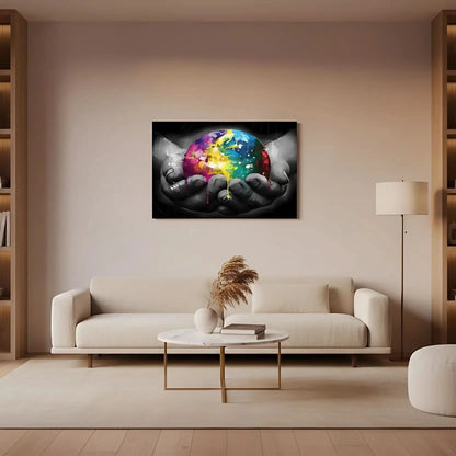 Sphère multicolore avec éclats de jaune, bleu et rose, tenue par des mains en noir et blanc, contraste vibrant et dynamique.