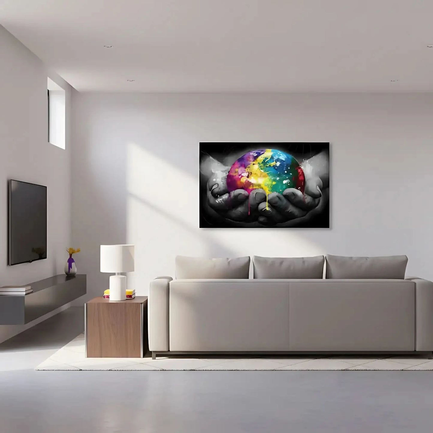 Sphère multicolore avec éclats de jaune, bleu et rose, tenue par des mains en noir et blanc, contraste vibrant et dynamique.