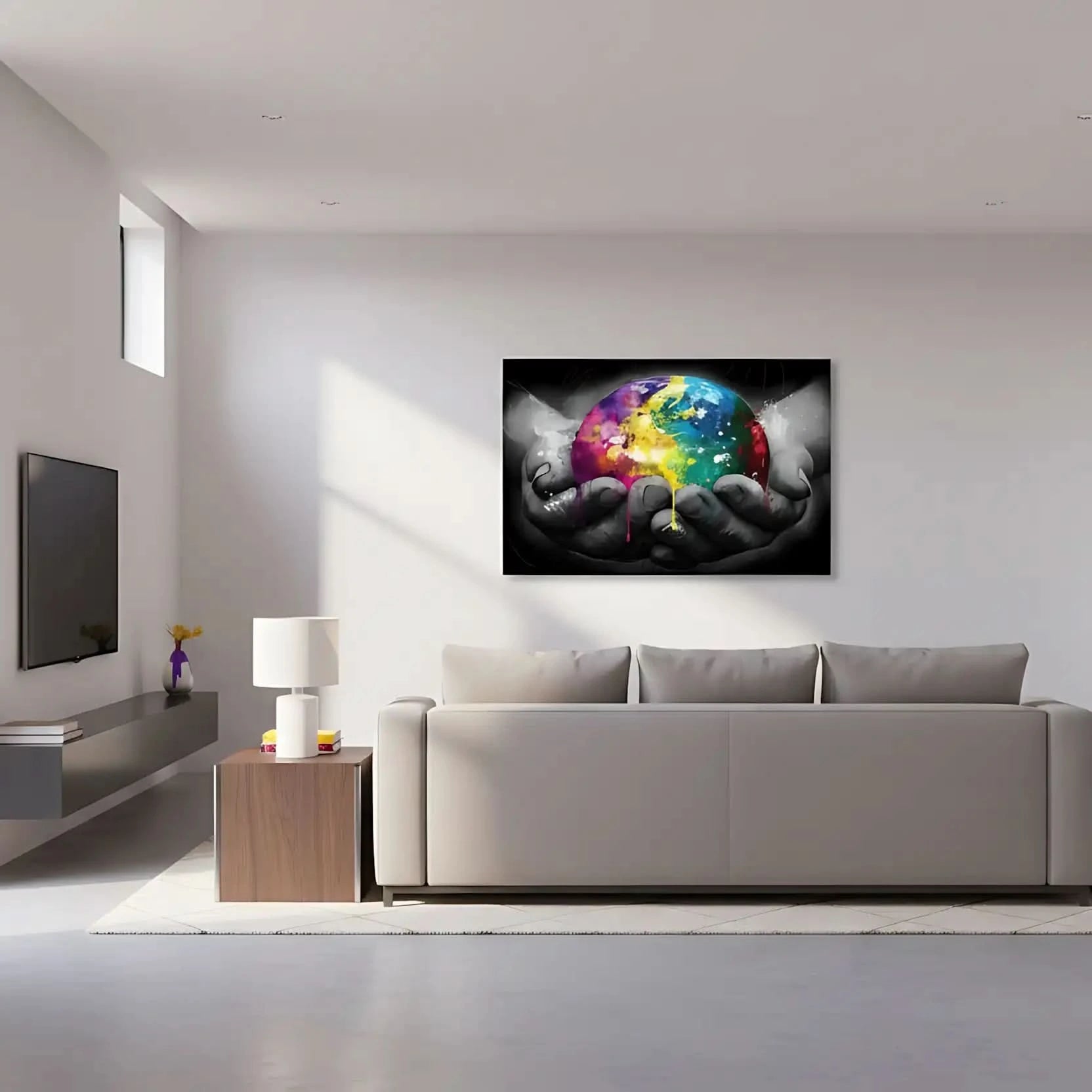 Sphère multicolore avec éclats de jaune, bleu et rose, tenue par des mains en noir et blanc, contraste vibrant et dynamique.