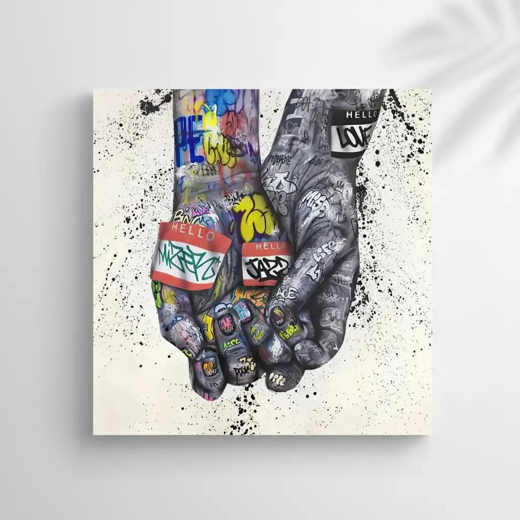 Deux mains entrelacées couvertes de graffitis multicolores, ambiance urbaine et dynamique pour salon moderne ou bureau créati